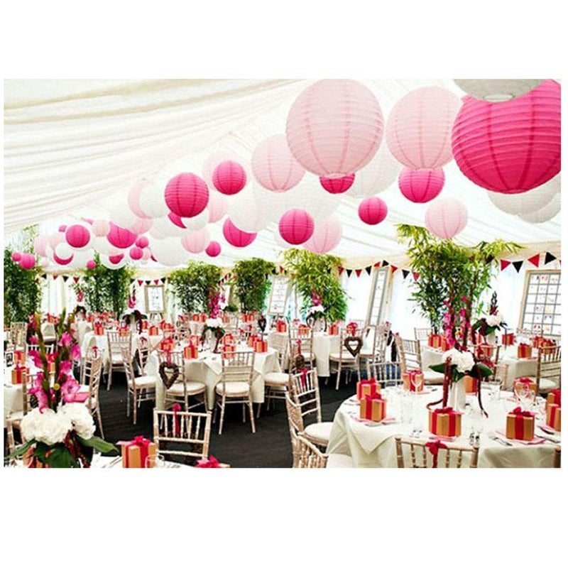 zilue 24pcs Hanging Round Paper Lanterns for Wedding Birthday Party Baby Showers Decoration Pink/White - Image 5